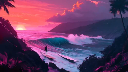 Electric sunset surf break with solitary shoreline figure.