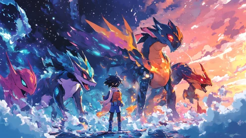 Starlit kid meets mythic dragon guardians above the clouds.