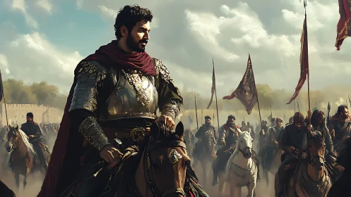 Armored commander leading mounted medieval army formation.