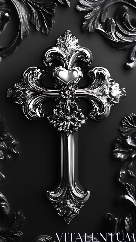 Ornate metallic cross with heart centerpiece gleams boldly.