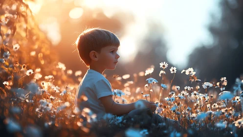 Golden hour gently frames a child resting among wildflowers
