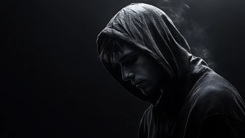 Hooded figure in shadowed profile under dramatic rim light