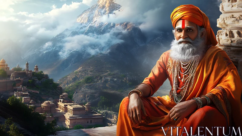 Mountain mist crowns the serene sage in saffron splendor