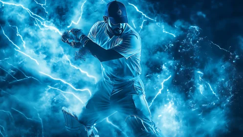Cricket batter swings amid electric blue lightning storm.