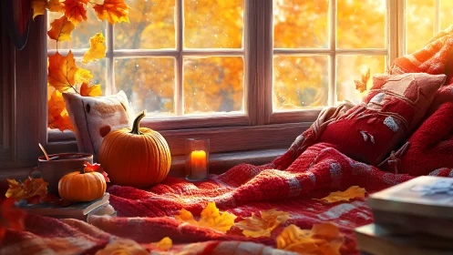 Cozy autumn window nook with pumpkins and warm blankets.
