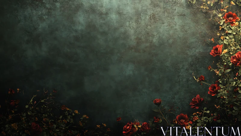 Crimson Florals Against Weathered Teal Surface.