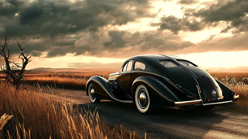 Vintage black coupe on rural road under overcast sky.