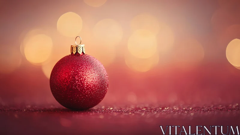 Red Christmas bauble glows against soft golden bokeh.