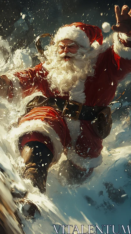 Santa Claus running through deep snow in dynamic motion.