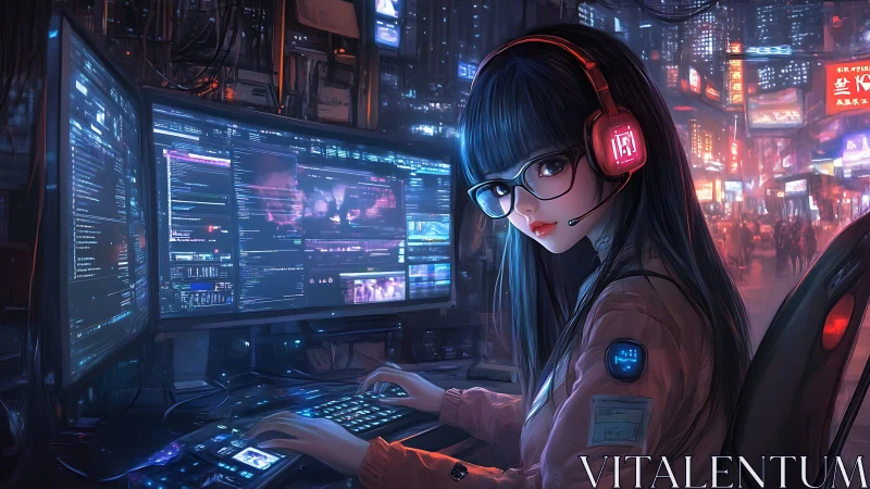 Cyberpunk gamer girl coding at multi-monitor desk at night.