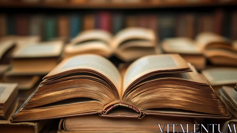 Open hardcover books arranged on a crowded wooden table.