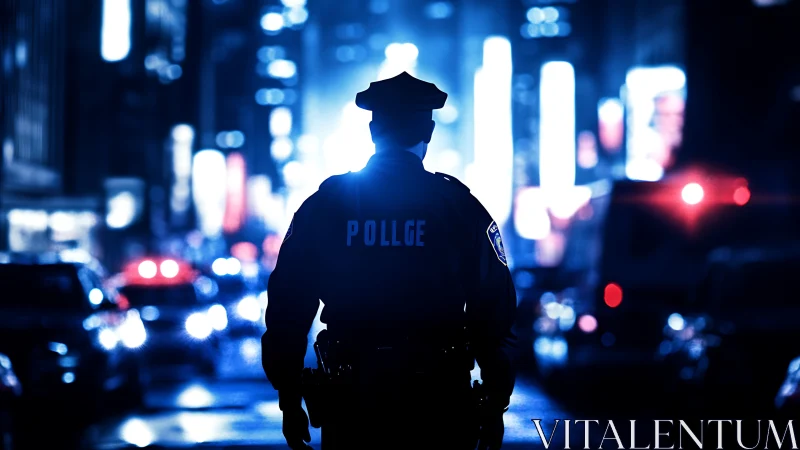 Police officer silhouette stands in illuminated urban street