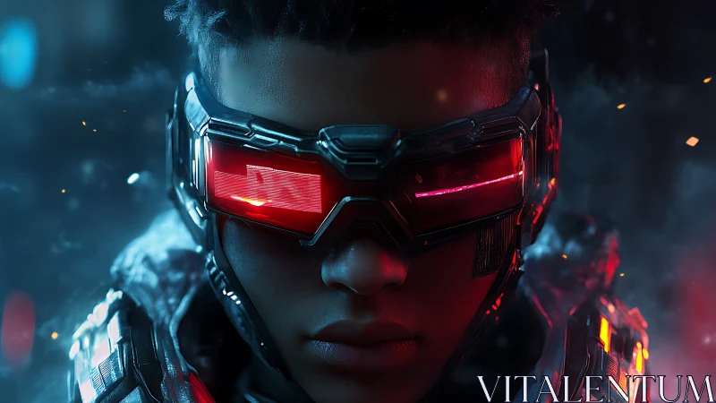 Futuristic soldier with red visor in glowing cyber armor.