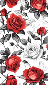 Crimson blooms dance—vibrant red roses waltz with charcoal shadows.