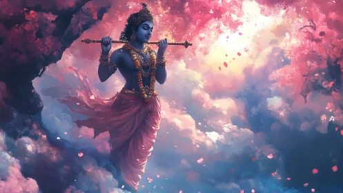 Divine flute player drifts through glowing pink celestial clouds