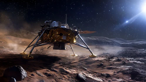 Photorealistic Mars lander under stellar backlight on regolith plain.