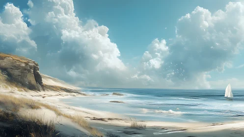 Coastal dune shoreline meets expansive cumulus sky in soft light
