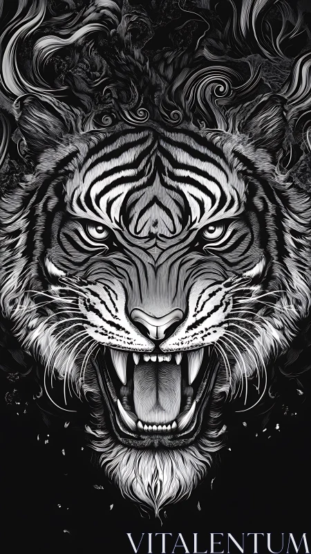 Monochrome roaring tiger illustration with swirling smoke.