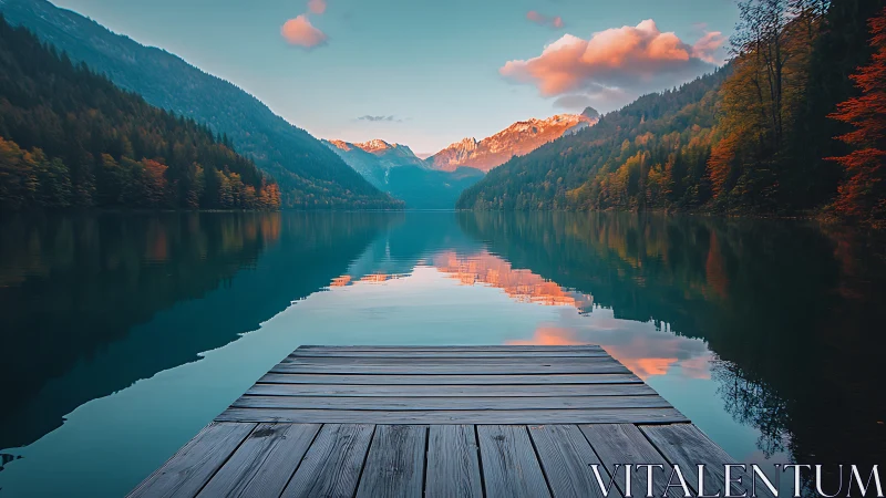 Wooden dock on calm alpine lake with sunset mountains