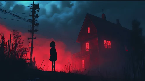 Silhouetted child observes red-lit house in nocturnal fog