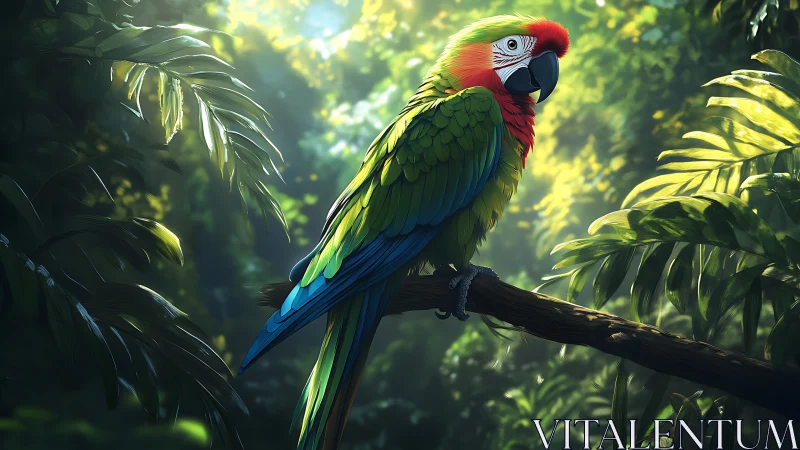 Colorful macaw perched on branch in lush green rainforest.