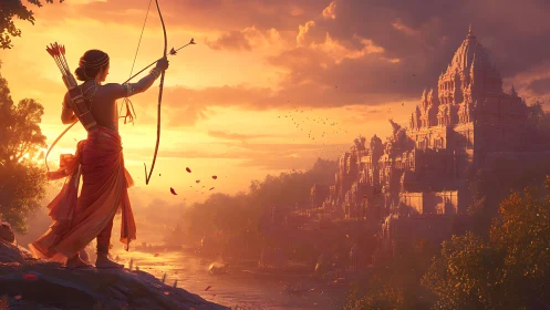 Archer overlooking river valley and temple at sunset.