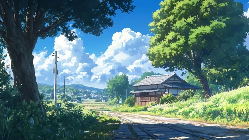 Sunlit country lane beside a quiet wooden village house.