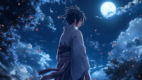 Solitary anime swordsman under full moonlit night sky.