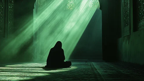 Solitary figure in mosque interior illuminated by diagonal light