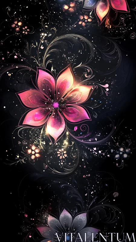 Digital floral abstraction arranges luminous petals on black