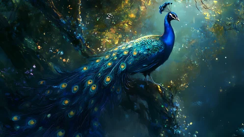 Iridescent forest peacock rendered with luminous digital plumage.