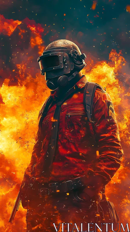 Flame-wreathed tactical warrior strides through roaring inferno.