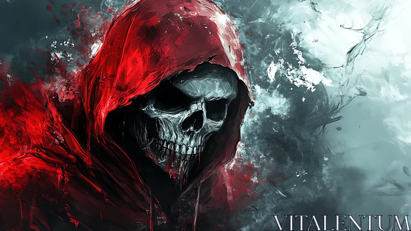 Hooded skeletal figure emerges from chaotic red and cyan brushwork