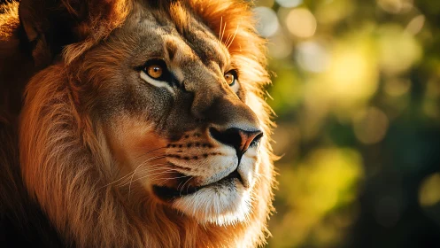 Golden sunlight gently crowns a thoughtful lion&rsquo;s calm face