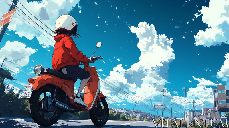 Low-angle anime scooter scene under high-contrast cumulus sky