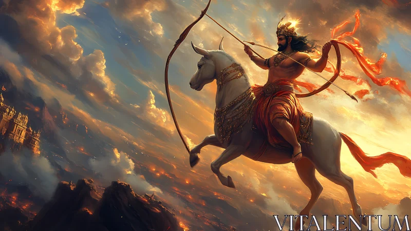 Skyborne warrior prince rides through molten sunset clouds.