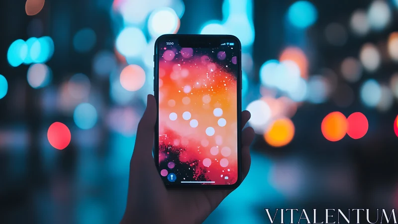 Handheld neon portal glowing over dreamy city bokeh night.