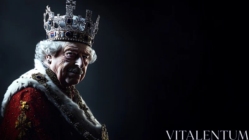 Regal elder king in jeweled crown and rich crimson robes.