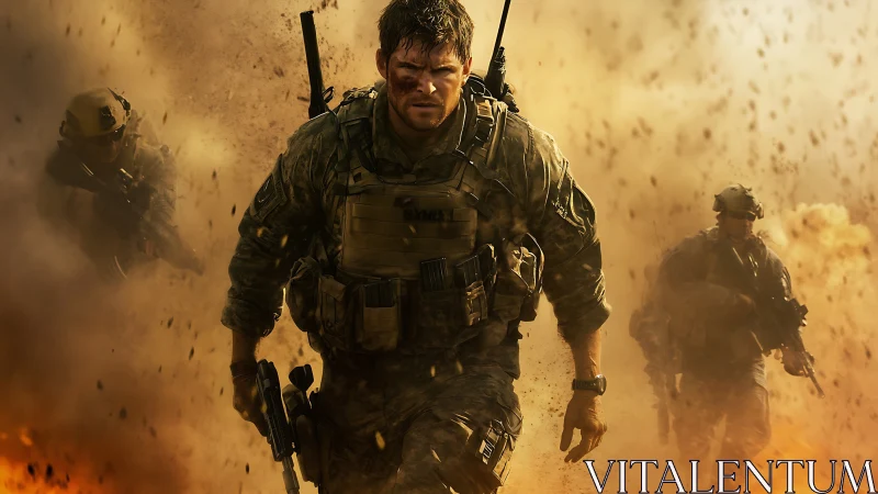 Soldiers advancing through smoky battlefield environment.