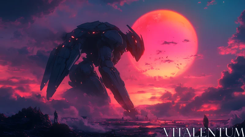 Colossal mech silhouette confronts neon sun over ruined coast
