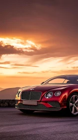Sunset highway luxury coupe under glowing amber sky.