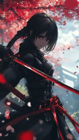 Anime katana assassin under crimson blossom canopy, vertical composition.