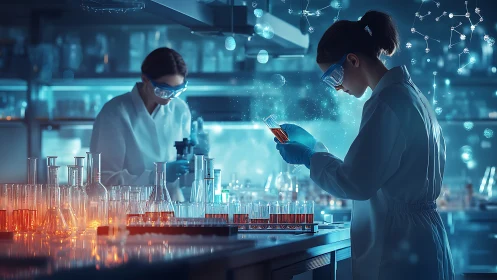 Scientists analyze glowing reagents in a high-tech biolab environment