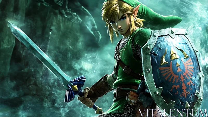 Green-clad swordsman with shield in misty fantasy scene.