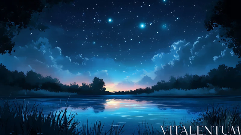 Digital night sky landscape depicts lake, trees and clouds