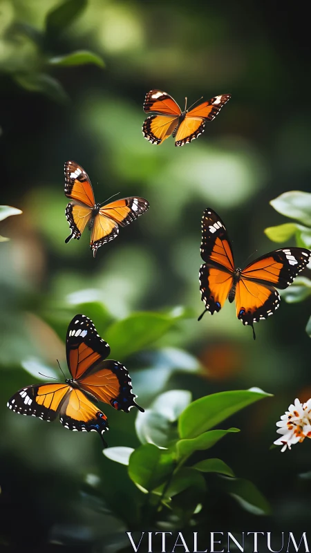 Four orange butterflies move above green foliage in daylight