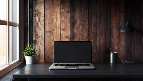 Cozy wooden desk scene invites calm work with open laptop