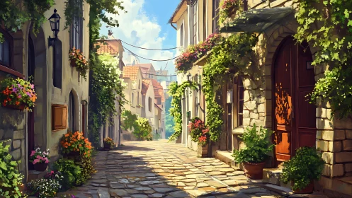 Sunlit cobblestone street glows with flowers and rustic charm