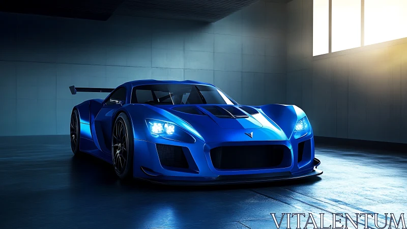 Blue racing supercar rendered in a dimly lit industrial garage