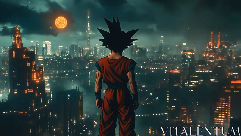 Lone warrior overlooking a glowing cyberpunk skyline at dusk.